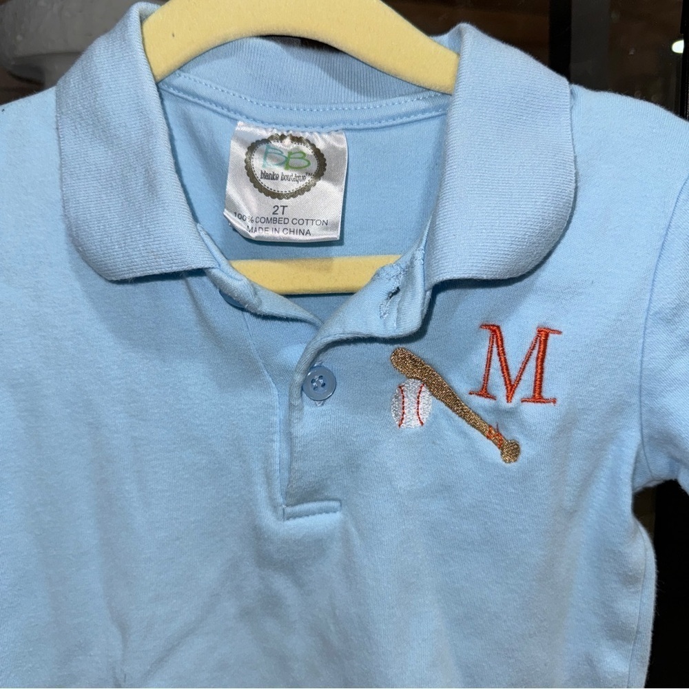 Baseball M toddler boy monogram embroidered polo smock short sleeve personalized - Picture 3 of 4